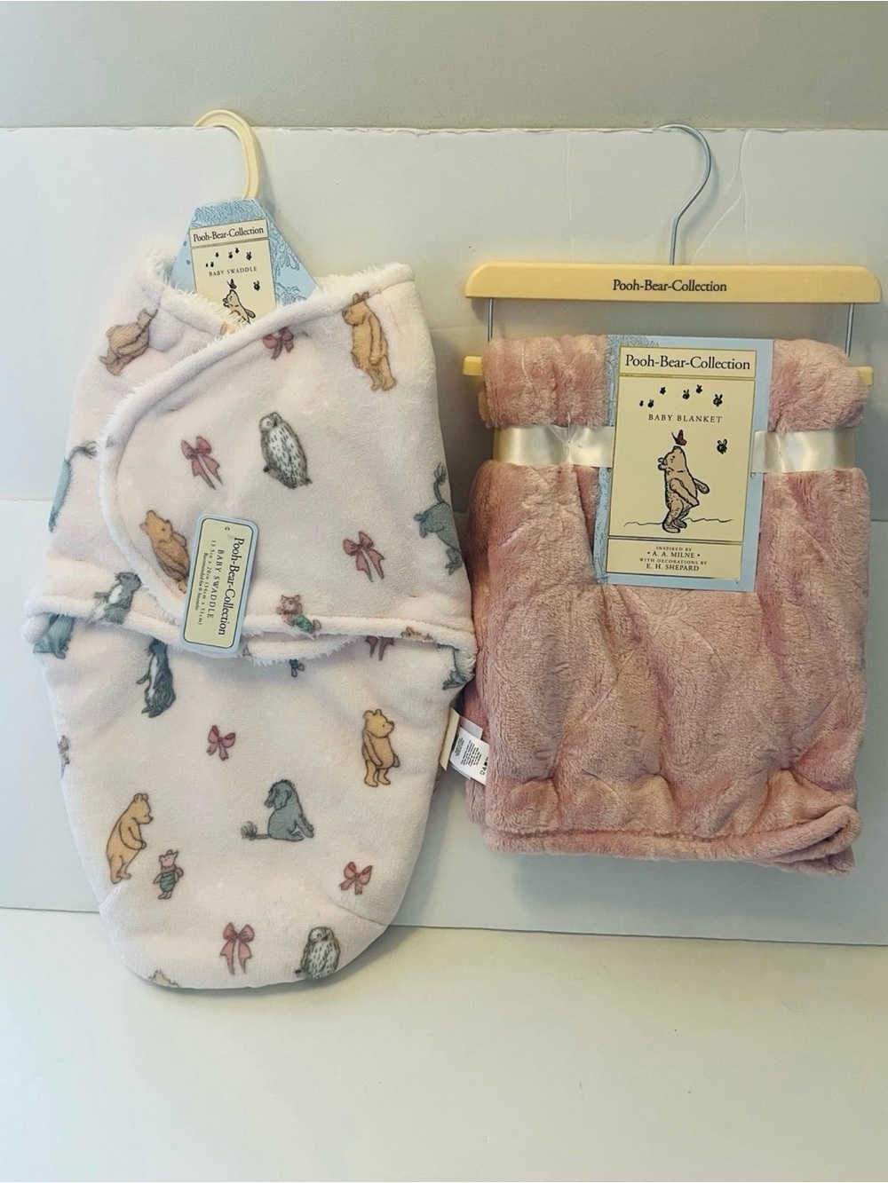 Winnie the Pooh Bear Lot of 2 Pink Baby Blanket & Swaddle Embossed Bows Rabbit